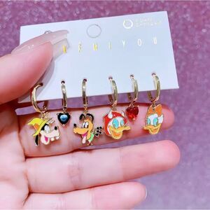 14K Gold Plated Disney Goofy Daisy  Gemstone Theme Earrings Hoop Mismatched Set